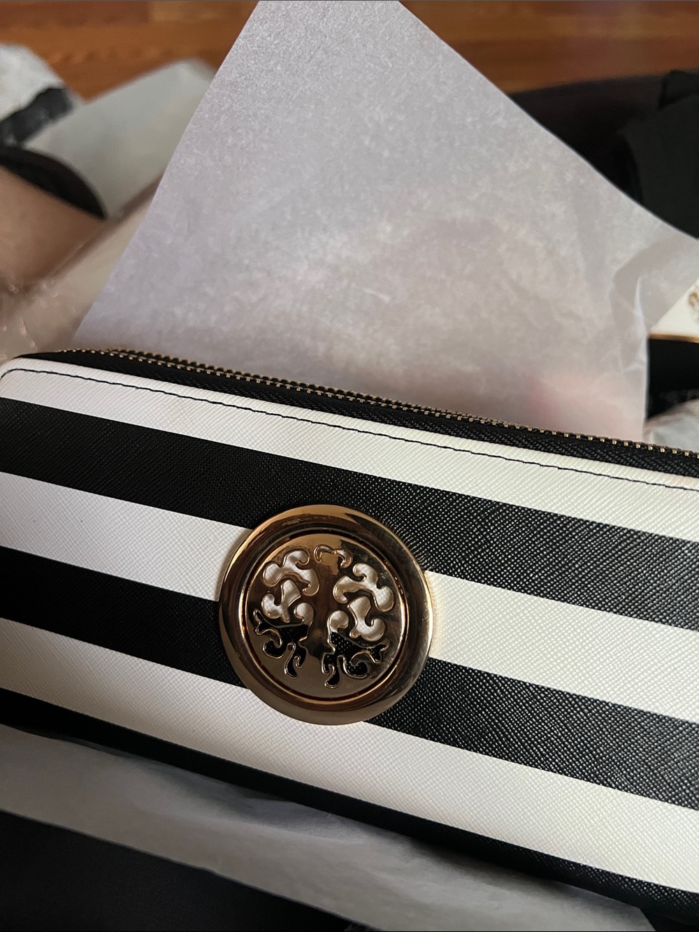 Striped Black and White Women's Wallet with Gold Emblem